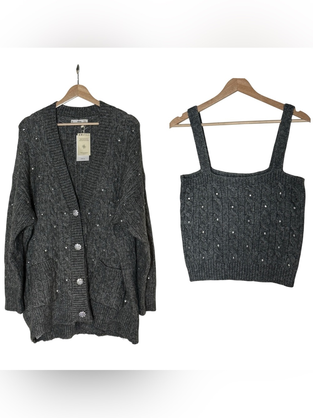Mango Strass Oversized Cable Knit Jewel Rhinestone Cardigan Cami Set Size M NWT